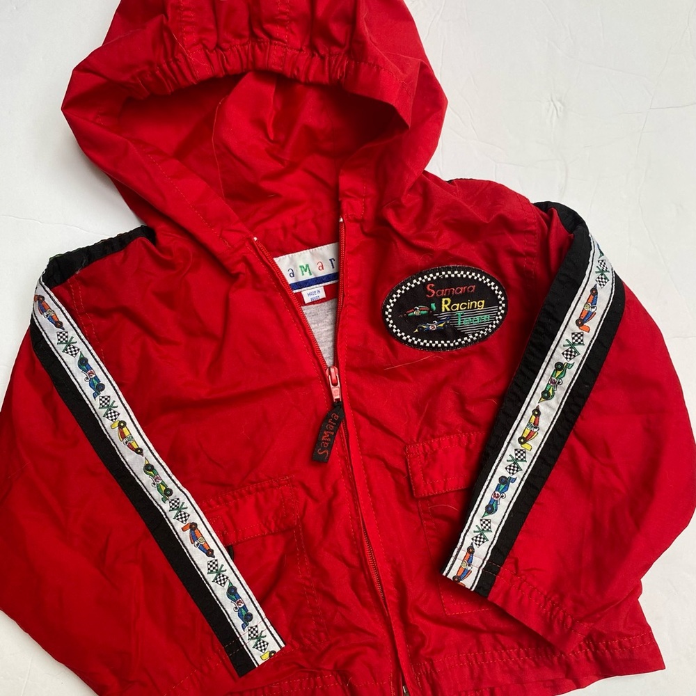 Vintage Samara Red Hooded Windbreaker Jacket with Heather Gray Lining
